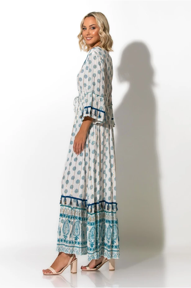 Μάξι φόρεμα boho με τρουακάρ μανίκια σιέλ Μάξι φόρεμα boho με τρουακάρ μανίκια σιέλ