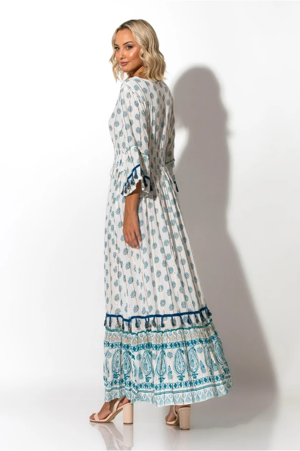 Μάξι φόρεμα boho με τρουακάρ μανίκια σιέλ Μάξι φόρεμα boho με τρουακάρ μανίκια σιέλ