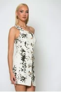Jean μίνι φόρεμα animal print με έναν ώμο μπεζ