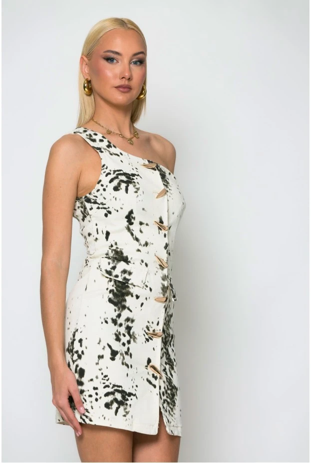 Jean μίνι φόρεμα animal print με έναν ώμο μπεζ