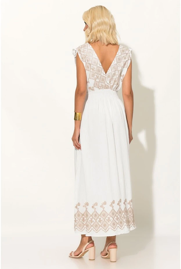Φόρεμα μάξι με κεντητές λεπτομέρειες και κορδόνια στους ώμους λευκό-χρυσό