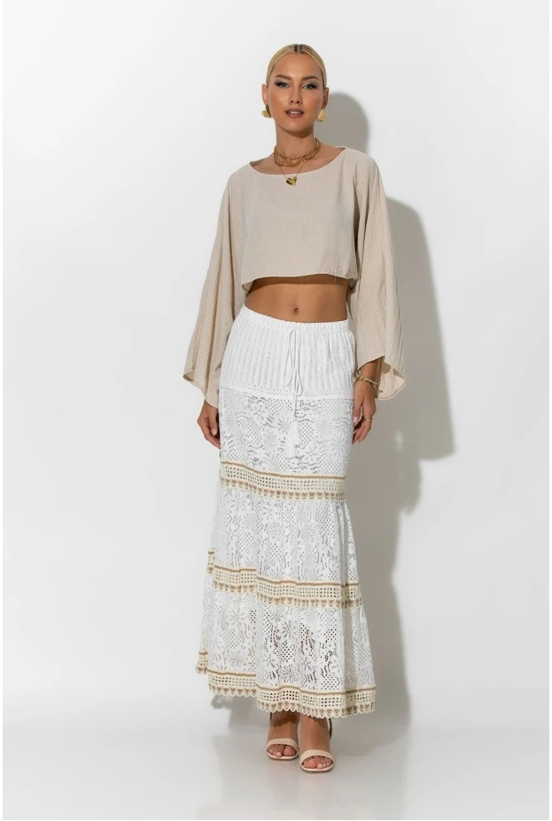 Boho maxi φούστα με δαντέλα λευκό
