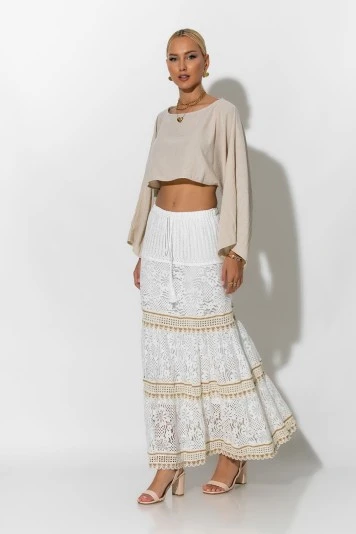 Boho maxi φούστα με δαντέλα μπεζ