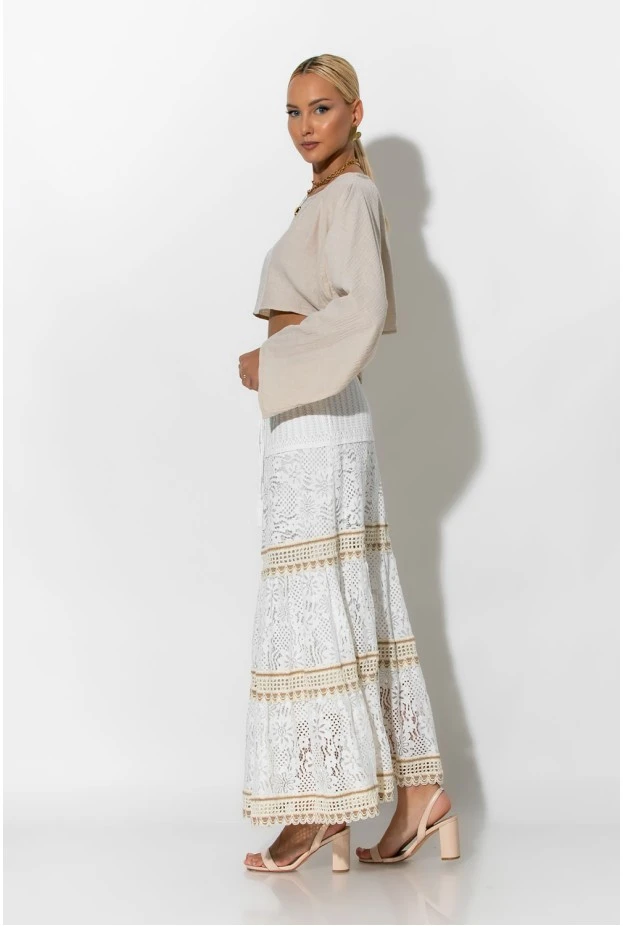 Boho maxi φούστα με δαντέλα λευκό