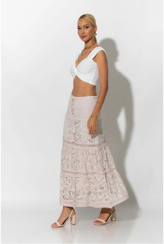 Boho maxi φούστα με δαντέλα μπεζ
