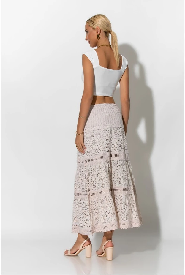 Boho maxi φούστα με δαντέλα μπεζ