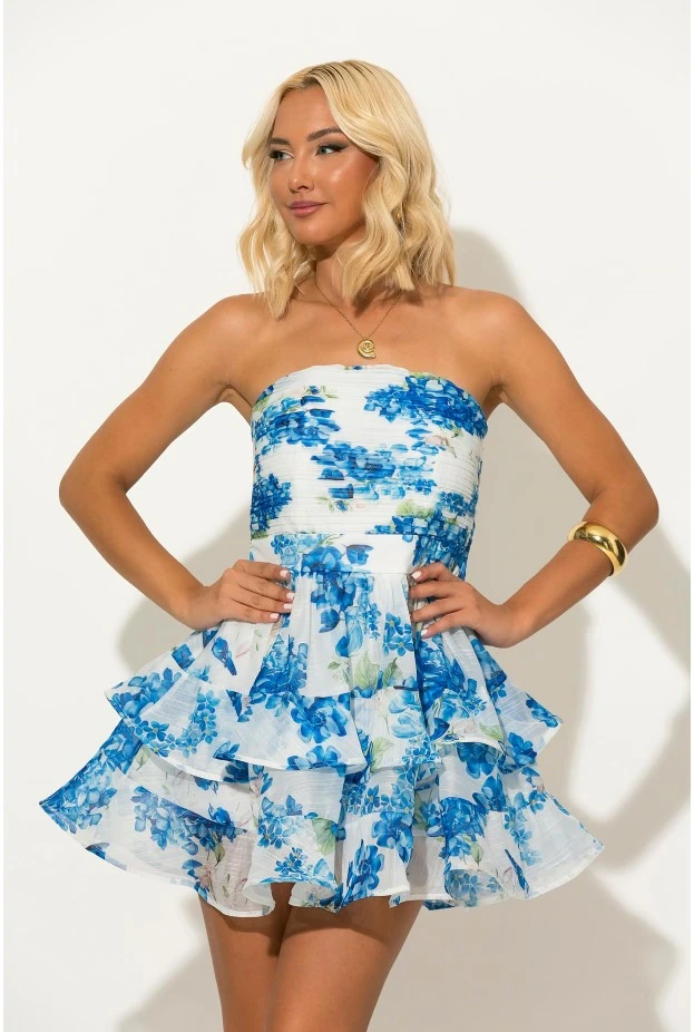 Φόρεμα στράπλες μίνι floral με βολάν και ενσωματωμένο σορτς λευκό-σιέλ