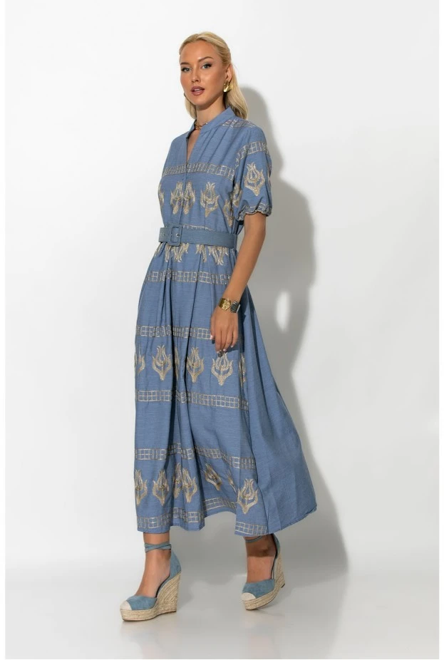 Ethnic elegance φόρεμα με κεντήματα μπλε