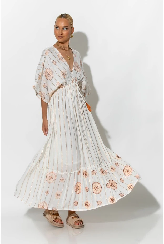 Φόρεμα boho με μανίκια νυχτερίδα πορτοκαλί