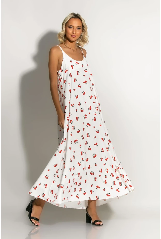 Μάξι φόρεμα τιραντέ cherry print λευκό