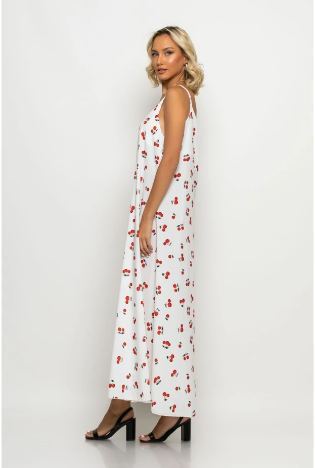 Μάξι φόρεμα τιραντέ cherry print λευκό