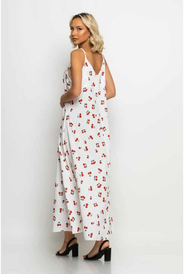 Μάξι φόρεμα τιραντέ cherry print λευκό