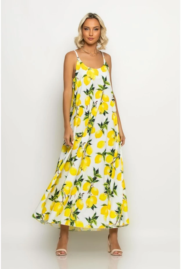 Μάξι φόρεμα τιραντέ lemon print λευκό