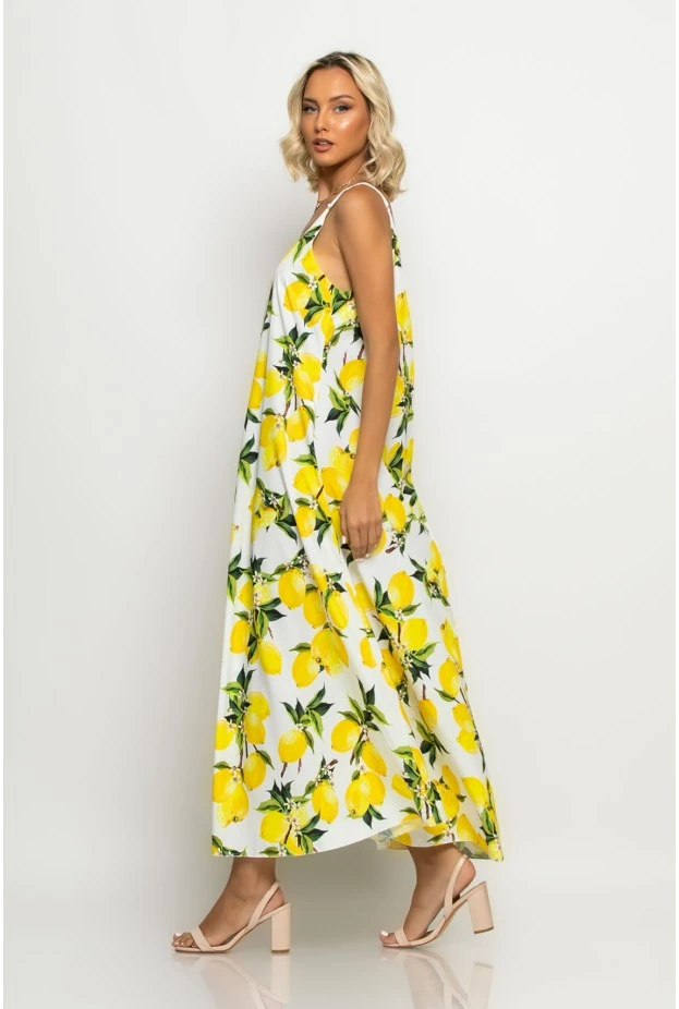 Μάξι φόρεμα τιραντέ lemon print λευκό