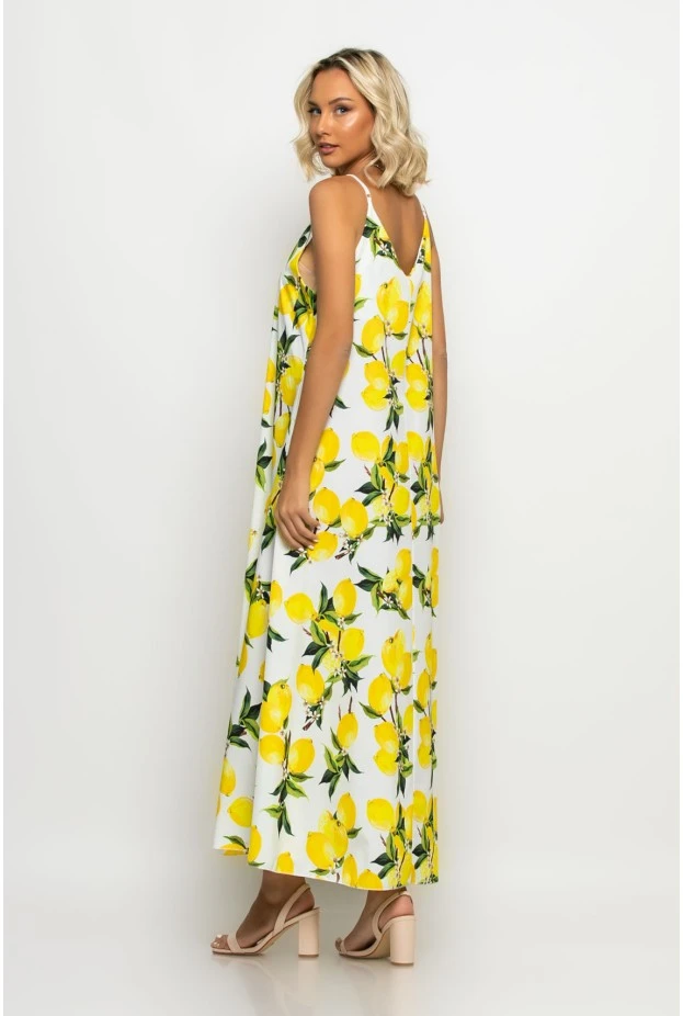 Μάξι φόρεμα τιραντέ lemon print λευκό