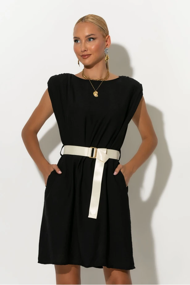 Μίνι φόρεμα μέ βάτες και ζώνη zipper μαύρο Μίνι φόρεμα μέ βάτες και ζώνη zipper μαύρο
