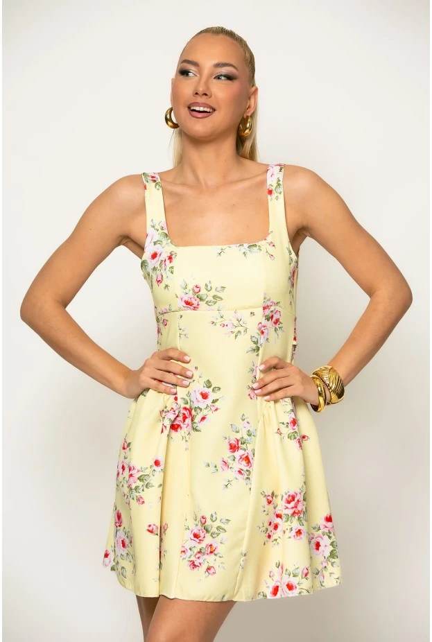 Φόρεμα μίνι floral με δέσιμο πίσω κίτρινο
