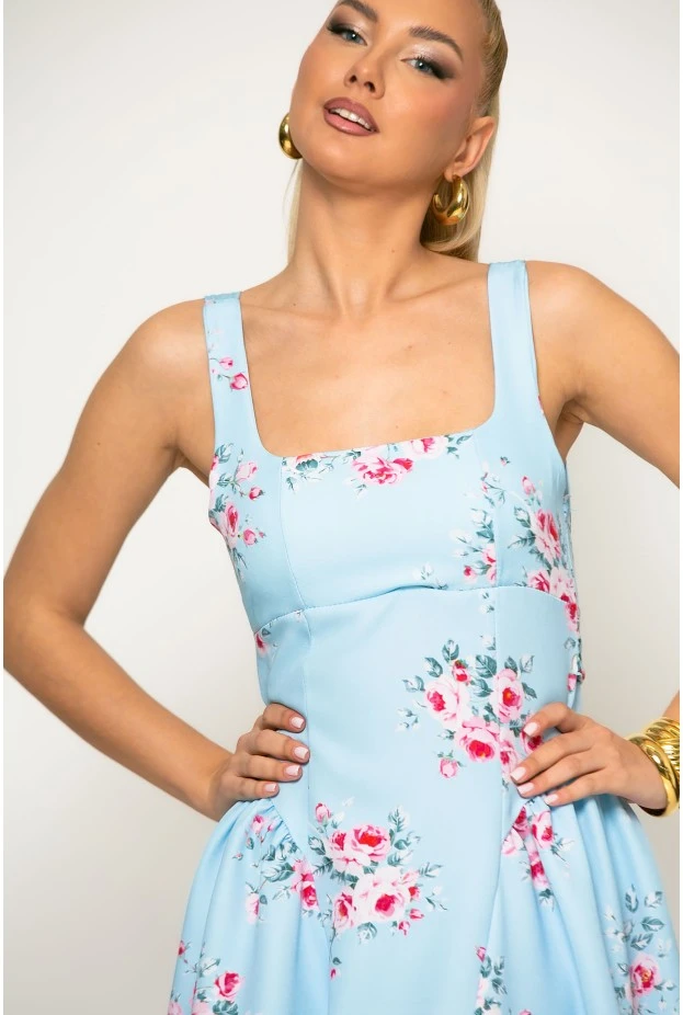 Φόρεμα μίνι floral με δέσιμο πίσω σιέλ