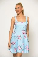 Φόρεμα μίνι floral με δέσιμο πίσω σιέλ