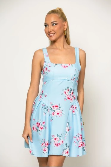 Φόρεμα μίνι floral με δέσιμο πίσω ροζ