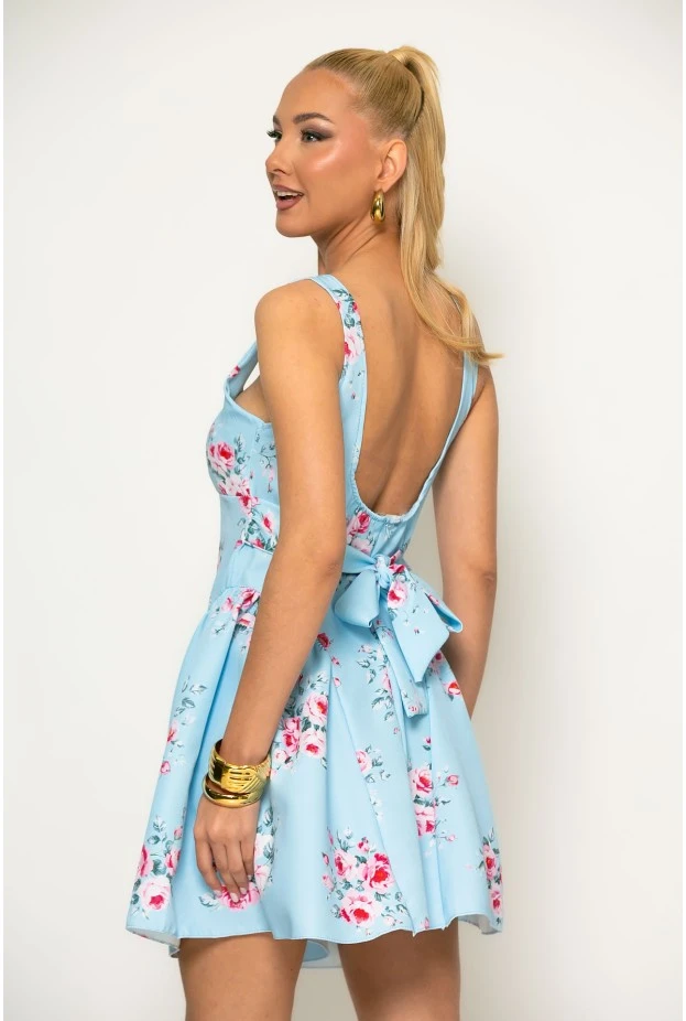 Φόρεμα μίνι floral με δέσιμο πίσω σιέλ