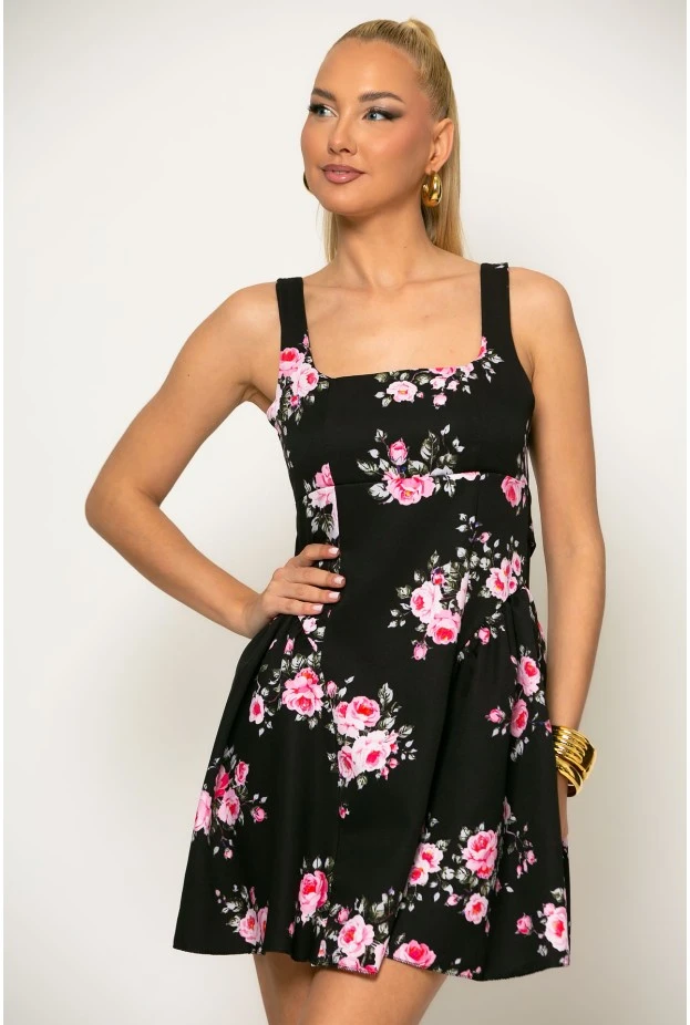 Φόρεμα μίνι floral με δέσιμο πίσω μαύρο