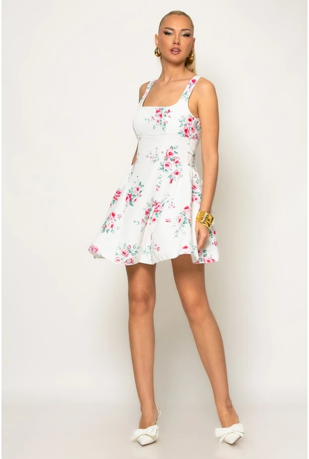 Φόρεμα μίνι floral με δέσιμο πίσω λευκό