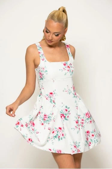 Φόρεμα μίνι floral με δέσιμο πίσω ροζ
