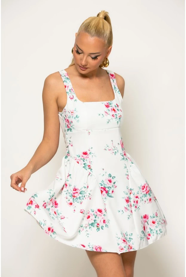 Φόρεμα μίνι floral με δέσιμο πίσω λευκό