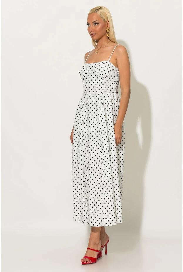 Φόρεμα μίντι πουά με σούρες και σφηγκοφωλιά πίσω λευκό