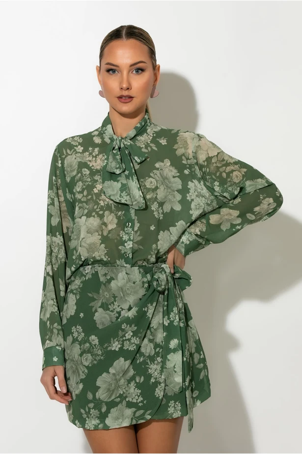 Floral πουκαμίσα με γραβάτα λαδί Floral πουκαμίσα με γραβάτα λαδί