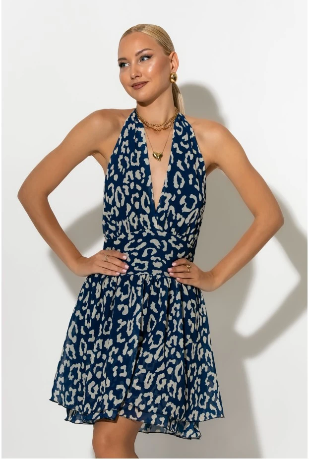 Μίνι φόρεμα leopard print με ανοιχτή πλάτη μπλε