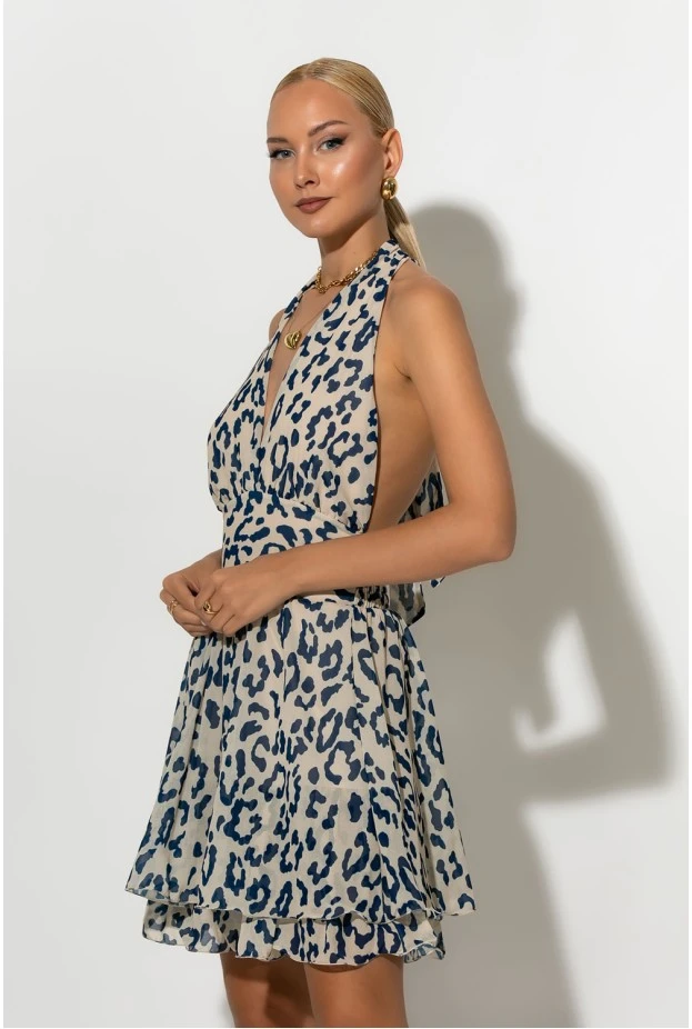 Μίνι φόρεμα leopard print με ανοιχτή πλάτη μπεζ