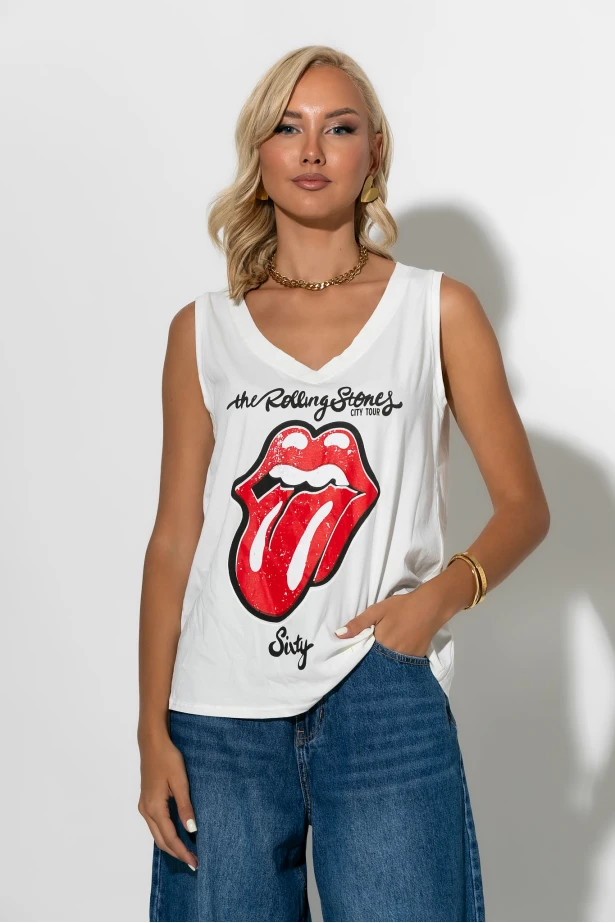 Αμάνικο t-shirt με στάμπα rolling λευκό Αμάνικο t-shirt με στάμπα rolling λευκό