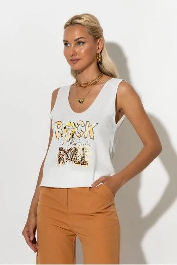 Πλεκτό αμάνικο με print rock and roll εκρού