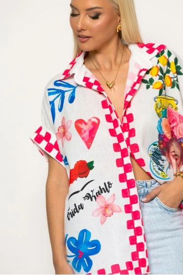Πουκαμίσα με καλλιτεχνικό μοτίβο frida kahlo λευκό