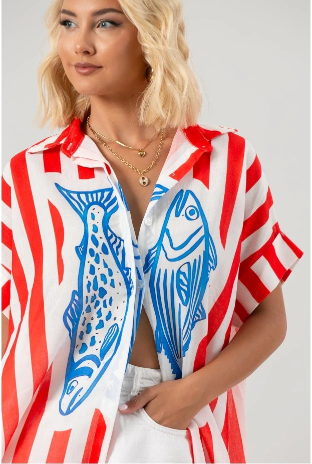 Πουκαμίσα ριγέ με print fish κόκκινο