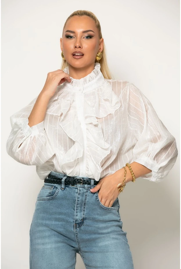 Πουκάμισο ριγέ με βολάν λευκό