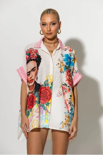 Πουκαμίσα ασύμμετρη με μοτίβο frida kahlo μπεζ