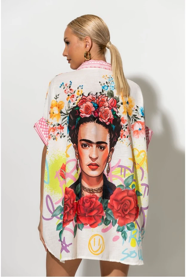 Πουκαμίσα ασύμμετρη με μοτίβο frida kahlo μπεζ