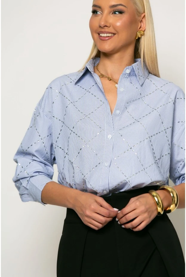 Πουκάμισο ριγέ με στρας σιέλ