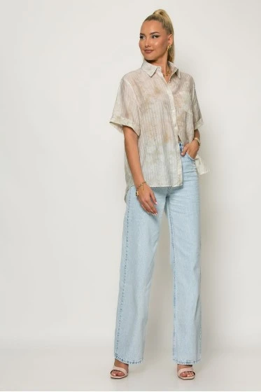 Πουκάμισο ριγέ με splash print και strass μπεζ