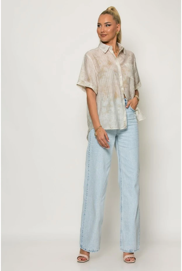 Πουκάμισο ριγέ με splash print και strass μπεζ