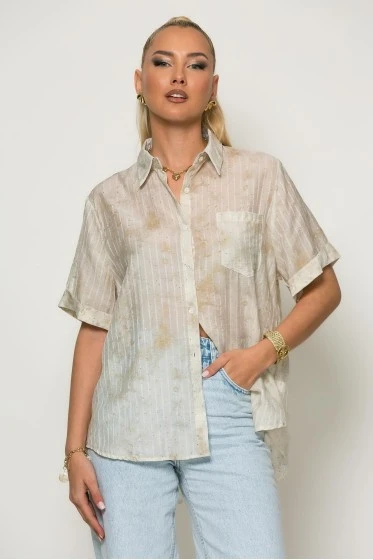 Πουκάμισο ριγέ με splash print και strass μπεζ
