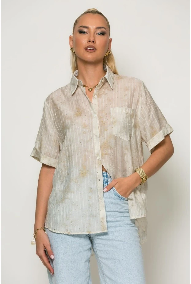 Πουκάμισο ριγέ με splash print και strass μπεζ
