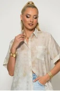 Πουκάμισο ριγέ με splash print και strass μπεζ