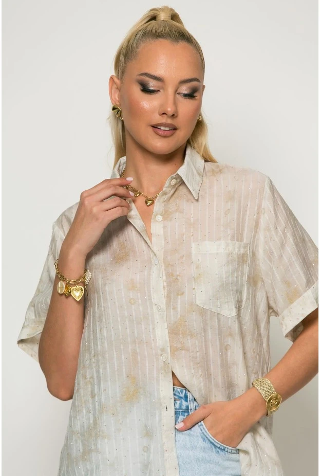 Πουκάμισο ριγέ με splash print και strass μπεζ