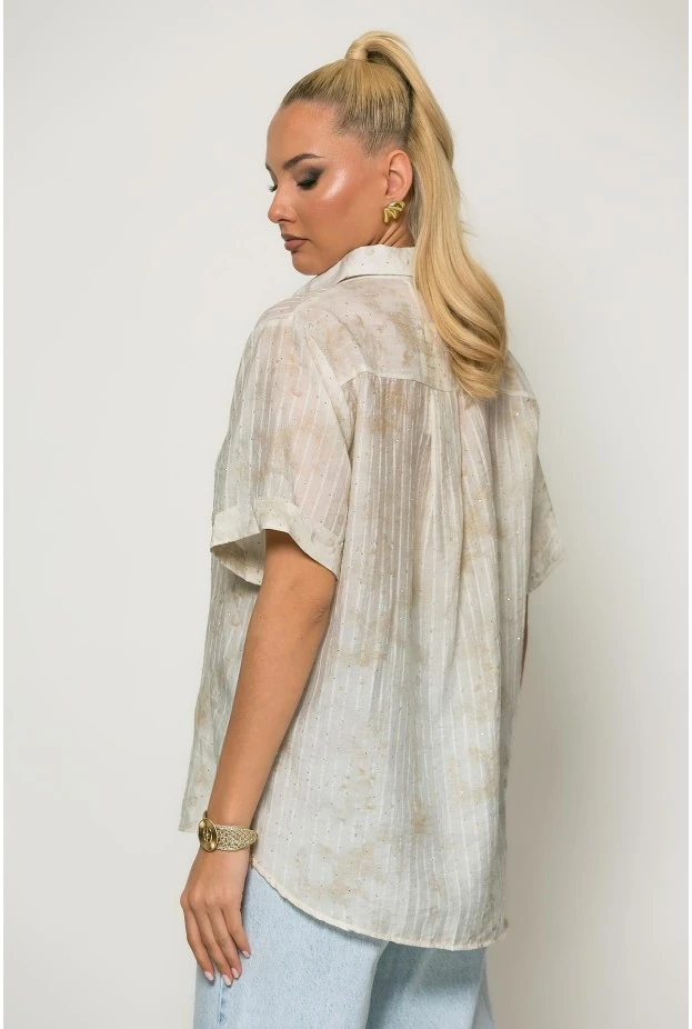 Πουκάμισο ριγέ με splash print και strass μπεζ
