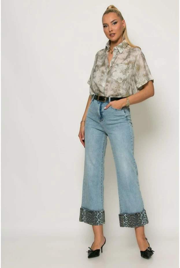 Πουκάμισο ριγέ με splash print και strass χακί