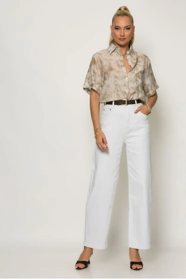Πουκάμισο ριγέ με splash print και strass μπεζ